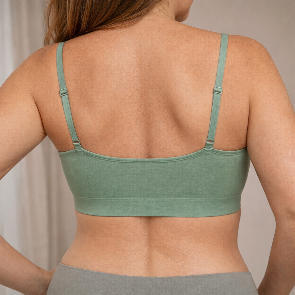 een vrouw die de LumaCoutour BH van NOVYRE draagt zonder last te hebben van knellende banden of een strakke beugel 