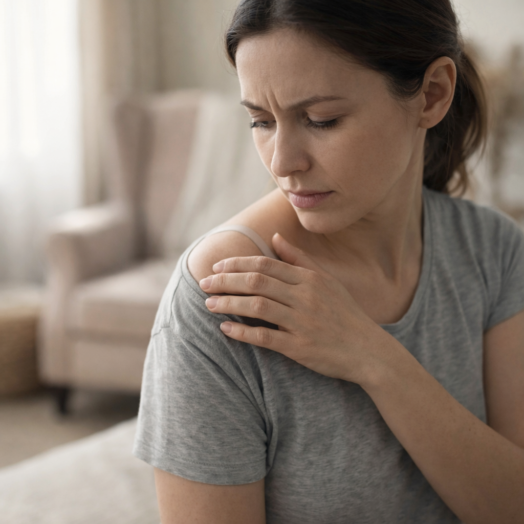 Een vrouw met een grijs t shirt aan die last heeft van een BH bandje die in haar huid knelt en je duidelijk ziet dat het probleem haar stoort